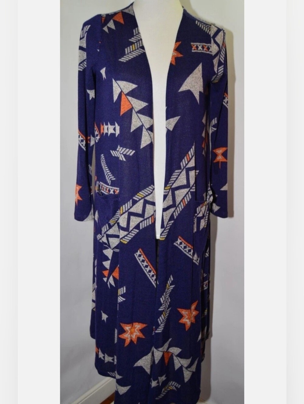 LuLaRoe Sarah Blue Boho Tribal Aztec Floral Long Kimono Duster Cardigan Large